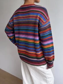 SHEIN Unity Women's Autumn Winter Dopamine Retro Vintage 70s Casual Red Striped Gradient Striped Knit Textured Loose Wide Sleeve Street Style Crew Neck Sweatshirt - Multicolor - View 3