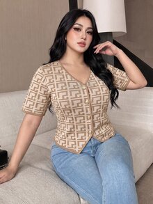 Feyla 大尺碼女款全印花V領休閒1950年代復古優雅日常針織上衣 辦公室米色秋季 - 彩色 - 查看 6