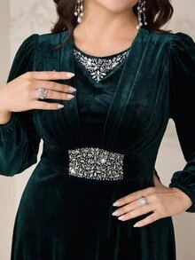 Veilorie فستان أنيق للنساء بمقاسات كبيرة مزين بالرقع والراينستون بأكمام طويلة - أخضر داكن - مشاهدة 5