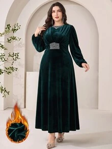 Veilorie فستان أنيق للنساء بمقاسات كبيرة مزين بالرقع والراينستون بأكمام طويلة - أخضر داكن - مشاهدة 1