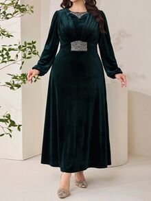 Veilorie فستان أنيق للنساء بمقاسات كبيرة مزين بالرقع والراينستون بأكمام طويلة - أخضر داكن - مشاهدة 6