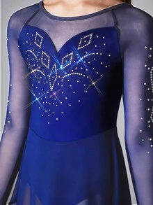 SHEIN Tween Girls Figure Skating Dress,Royal Blue,Autumn,Elegant,Dancewear,Rhinestone Pattern,Raglan Sleeve,Anti-Flashing Skirt,Professional Sports Training - Navy Blue - View 3