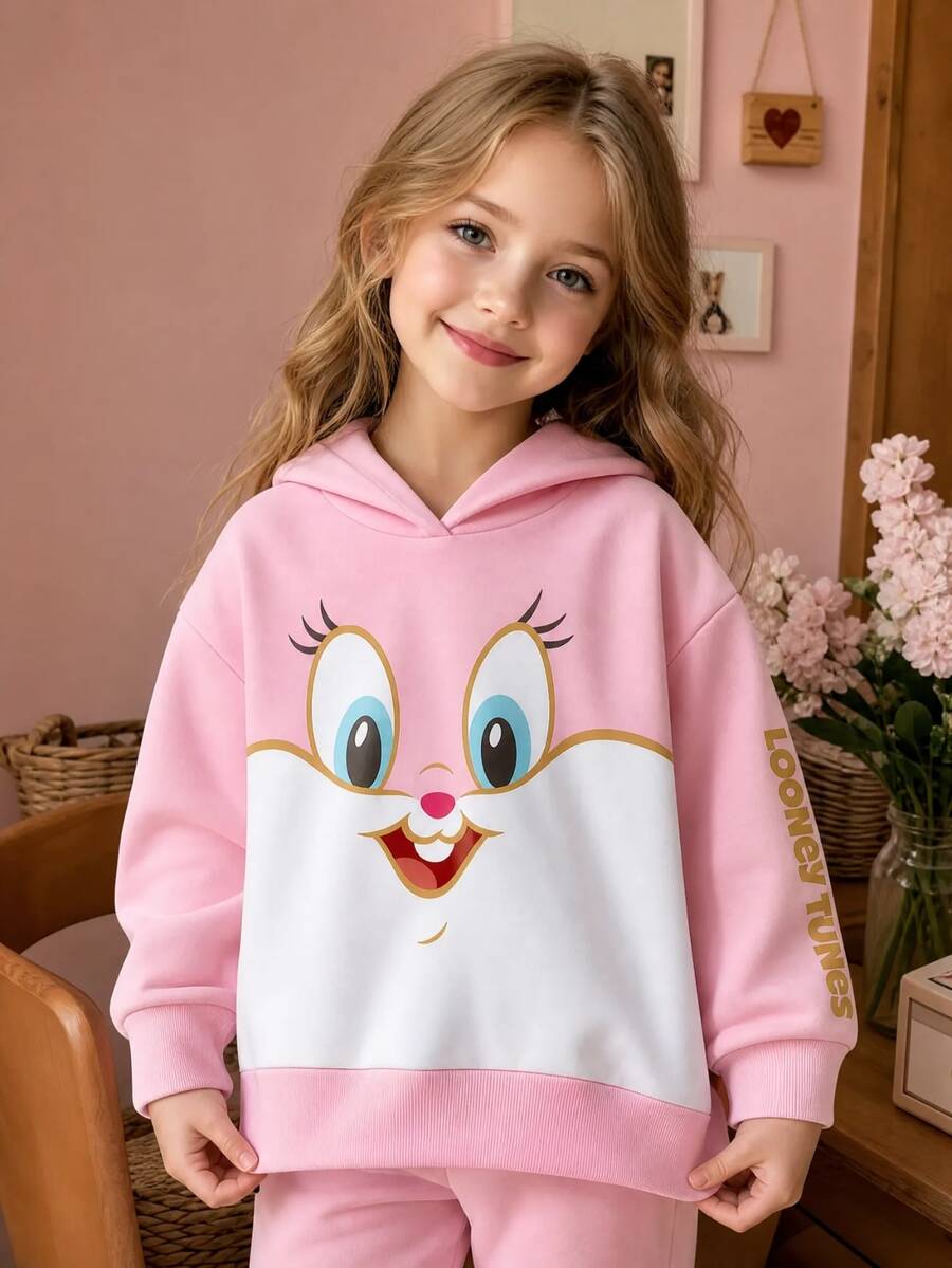 LOONEY TUNES X SHEIN Sweatshirt lengan panjang kasual bergambar kartun gadis muda - Berwarna merah muda - View 1