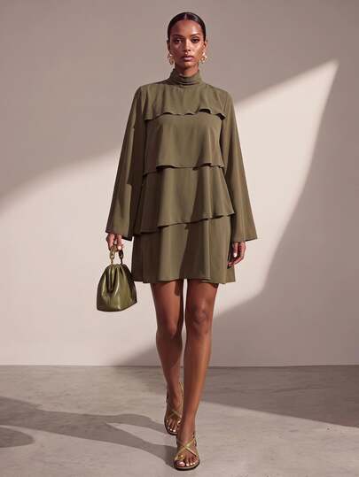 Zivah New Autumn/Winter Elegant Commute Casual Loose Army Green Multi-Layer Ruffle Mini Dress For Women, Suitable For Daily Outings, Shopping, Workplace, Party, Festival, Going Out, Wedding Guest, Back To School, Prom, Gathering, Birthday, Airport Outfit, Brunch Outfit, Graduation, Country Music Concert, Bohemian, Vacation