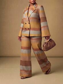 Zivah New Fall/Winter Plus Size Women's Striped Suit 2pcs/ Elegant/Autumn/Holiday/Festival/Vacation/Boho/Commuter/Concert/Travel/Office/Wedding Guest/Formal - Multicolor - View 8