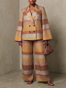 Zivah New Fall/Winter Plus Size Women's Striped Suit 2pcs/ Elegant/Autumn/Holiday/Festival/Vacation/Boho/Commuter/Concert/Travel/Office/Wedding Guest/Formal - Multicolor - View 7