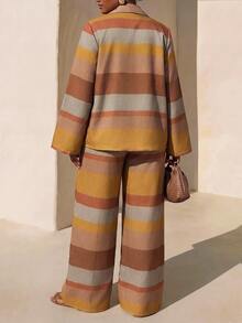 Zivah New Fall/Winter Plus Size Women's Striped Suit 2pcs/ Elegant/Autumn/Holiday/Festival/Vacation/Boho/Commuter/Concert/Travel/Office/Wedding Guest/Formal - Multicolor - View 2