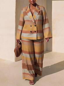 Zivah New Fall/Winter Plus Size Women's Striped Suit 2pcs/ Elegant/Autumn/Holiday/Festival/Vacation/Boho/Commuter/Concert/Travel/Office/Wedding Guest/Formal - Multicolor - View 1