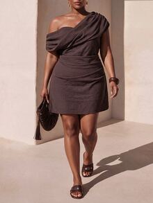 Zivah New Fall/Winter Plus Size Women's Brown Pleated Asymmetric Shoulder Dress/Vacation/Elegant/Holiday/Party/Festival/Boho/Concert/Office/Commuting - Brown - View 8