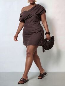 Zivah New Fall/Winter Plus Size Women's Brown Pleated Asymmetric Shoulder Dress/Vacation/Elegant/Holiday/Party/Festival/Boho/Concert/Office/Commuting - Brown - View 5