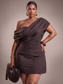 Zivah New Fall/Winter Plus Size Women's Brown Pleated Asymmetric Shoulder Dress/Vacation/Elegant/Holiday/Party/Festival/Boho/Concert/Office/Commuting - Brown - View 9