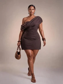 Zivah New Fall/Winter Plus Size Women's Brown Pleated Asymmetric Shoulder Dress/Vacation/Elegant/Holiday/Party/Festival/Boho/Concert/Office/Commuting - Brown - View 2