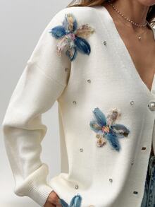 SHEIN Tall Size Woman Appliques And Rhinestones Detailed Button Front 3D Flower Elegant Romantic Cardigan Brunch Tea Party White Floral - White - View 6