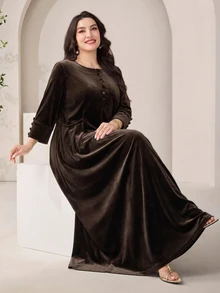 Veilorie Plus Size Elegant Vintage Button Pocket Long Sleeve Dress - Coffee Brown - View 7