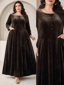 Veilorie Plus Size Elegant Vintage Button Pocket Long Sleeve Dress - Coffee Brown - View 3