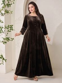 Veilorie Plus Size Elegant Vintage Button Pocket Long Sleeve Dress - Coffee Brown - View 4
