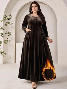 Veilorie Plus Size Elegant Vintage Button Pocket Long Sleeve Dress - Coffee Brown - View 1