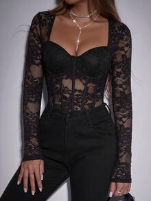 Allurite Rhinestone Applique Mesh Sexy Women Bodysuit - Black - View 7