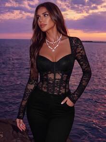 Allurite Rhinestone Applique Mesh Sexy Women Bodysuit - Black - View 8