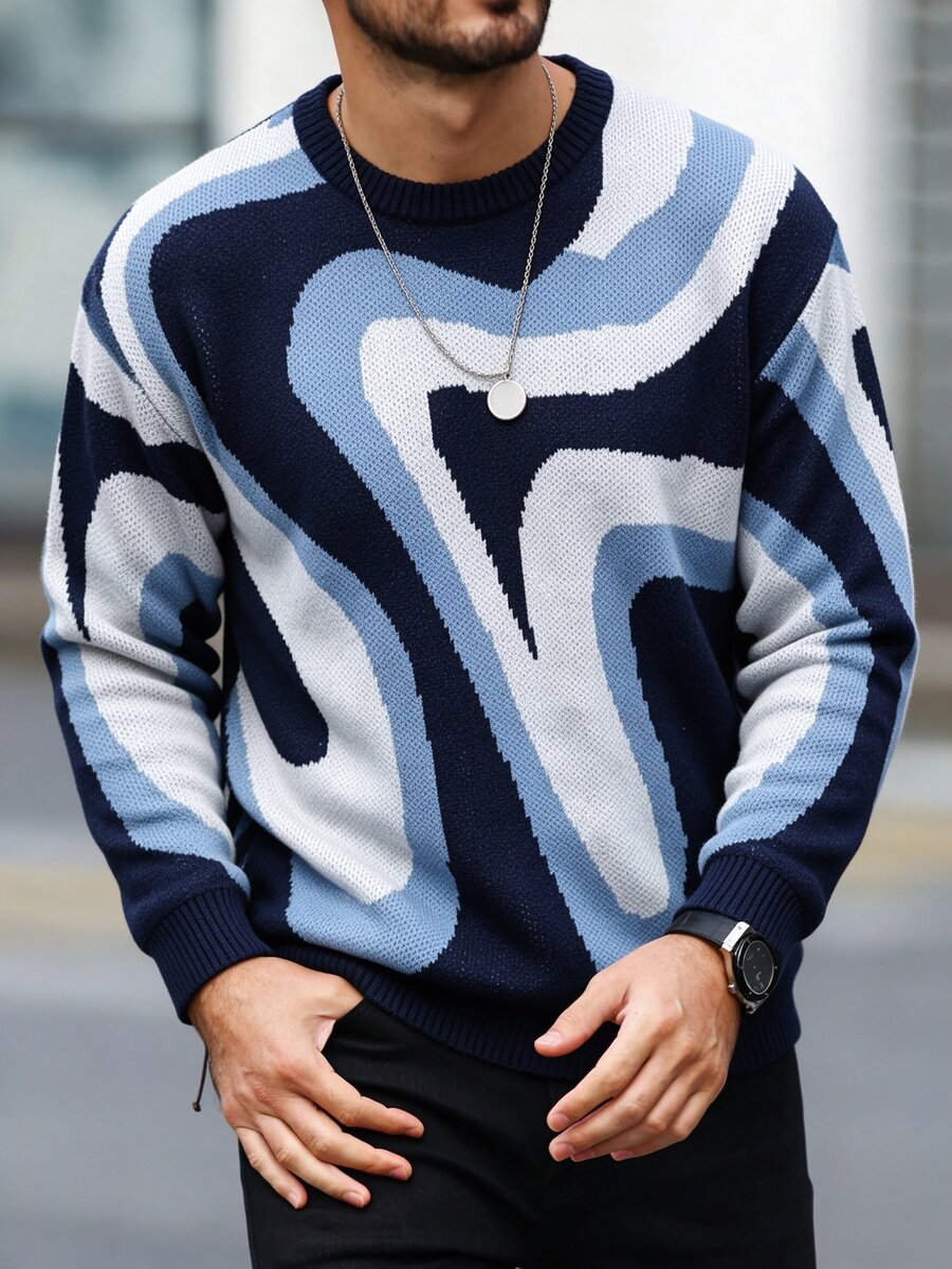 Lornexis Sweater Kasual Longgar Lengan Panjang Leher Bulat Bahu Jatuh Motif Blok Warna untuk Pria - Biru - View 1