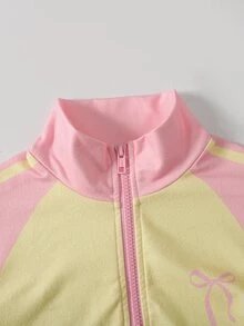 SHEIN 青少年女孩秋冬休閒運動日常基礎極簡風拉鍊立領針織高彈力拼色蝴蝶結印花運動外套與交叉腰喇叭長褲兩件套，粉色與黃色 - 粉色 - 查看 4