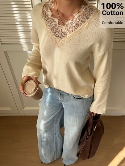 Siren Gaze Women's Lace Knit Sweater - V-Neck Long Sleeve Inner Layer - Solid Color Autumn/Winter Daily Commute Outerwear - Fall Sweater