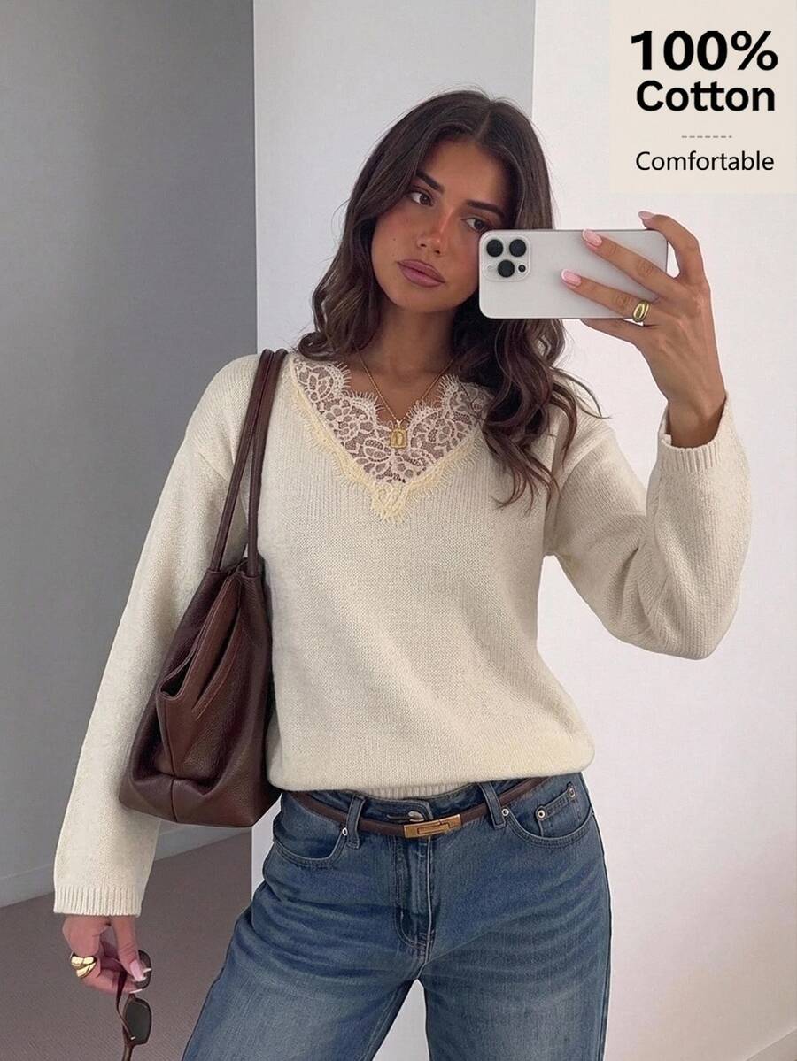 Siren Gaze Women's Lace Knit Sweater - V-Neck Long Sleeve Inner Layer - Solid Color Autumn/Winter Daily Commute Outerwear - Fall Sweater