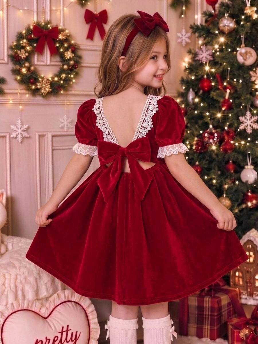SHEIN فستان خريفي للبنات الصغيرات من المخمل المحبوك بياقة مربعة وأكمام منتفخة وتصميم كتل لونية مع حافة دانتيل مكشكشة - متعدد الألوان - مشاهدة 1