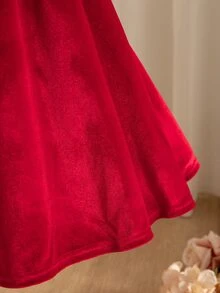 SHEIN فستان خريفي للبنات الصغيرات من المخمل المحبوك بياقة مربعة وأكمام منتفخة وتصميم كتل لونية مع حافة دانتيل مكشكشة - متعدد الألوان - مشاهدة 8