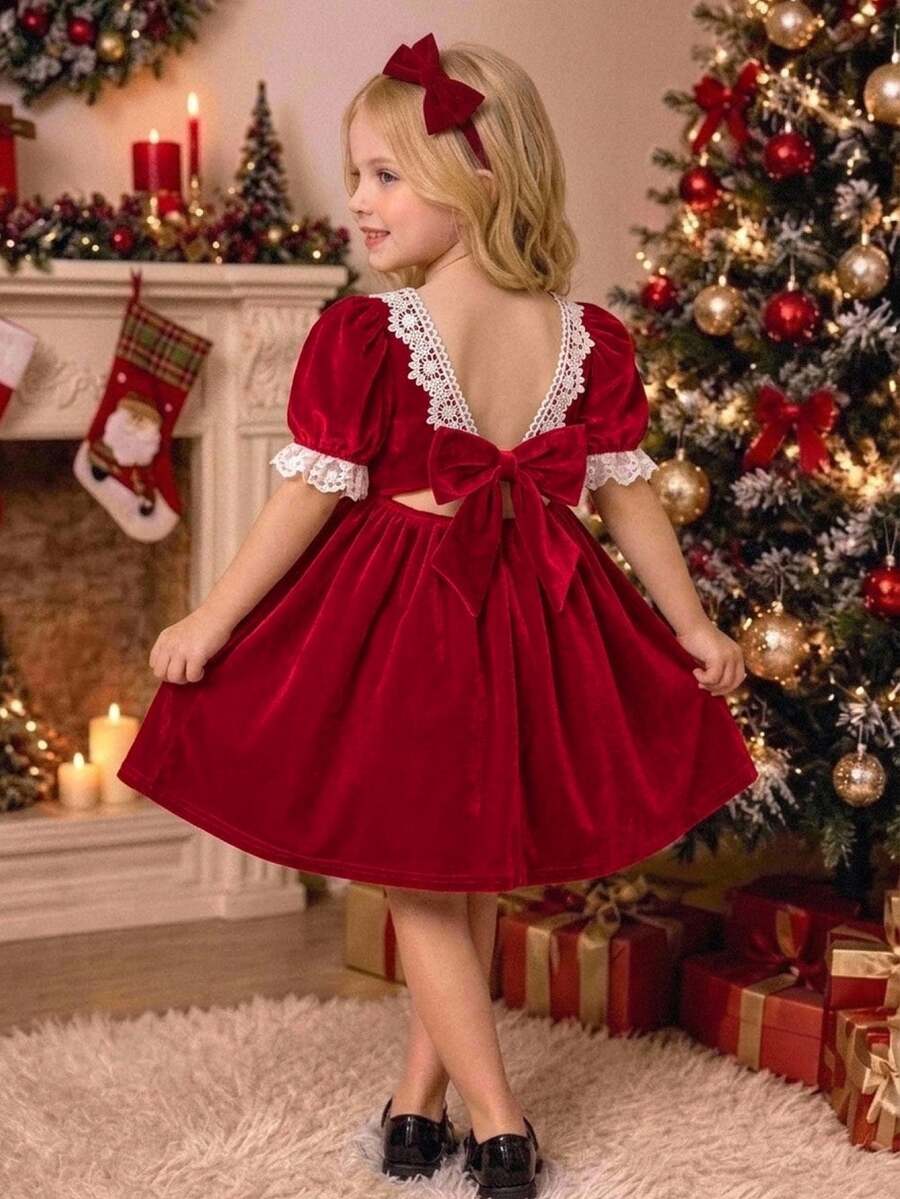 SHEIN Young Girl Knitted Velvet Kids Square Neck Puff Sleeve Colorblock Lace Ruffle Hem Autumn Dress - Multicolor - View 1