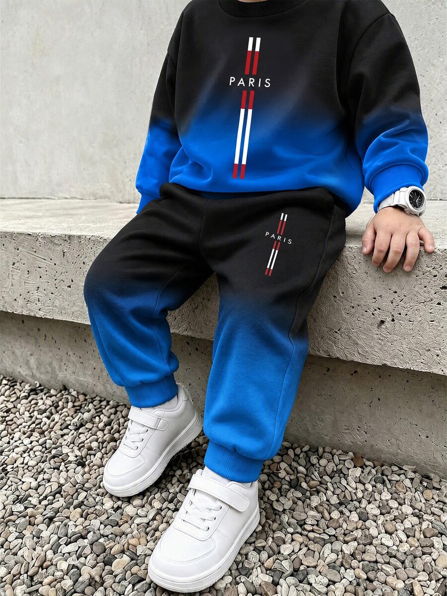 2pcs/Set Young Boy Casual Fashion Comfortable Sweatshirt Set, Digital Print Pattern, Long Sleeve Top, Outfit, Autumn/Winter Wear, Young Boy Blue-Black Gradient Crew Neck Sweatshirt And Sweatpants Set - Multicolor - View 1