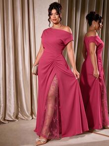 Cravure Women's Plus Size Party Date Banquet Cocktail Wedding Minimalist Elegant Cold Shoulder Lace Trim Slit Pleated Asymmetrical Neckline Solid Color Dress - Rose Red - View 3