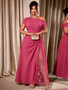 Cravure Women's Plus Size Party Date Banquet Cocktail Wedding Minimalist Elegant Cold Shoulder Lace Trim Slit Pleated Asymmetrical Neckline Solid Color Dress - Rose Red - View 1