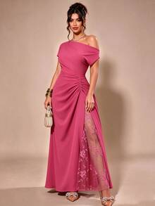 Cravure Women's Plus Size Party Date Banquet Cocktail Wedding Minimalist Elegant Cold Shoulder Lace Trim Slit Pleated Asymmetrical Neckline Solid Color Dress - Rose Red - View 4