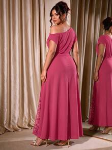 Cravure Women's Plus Size Party Date Banquet Cocktail Wedding Minimalist Elegant Cold Shoulder Lace Trim Slit Pleated Asymmetrical Neckline Solid Color Dress - Rose Red - View 2