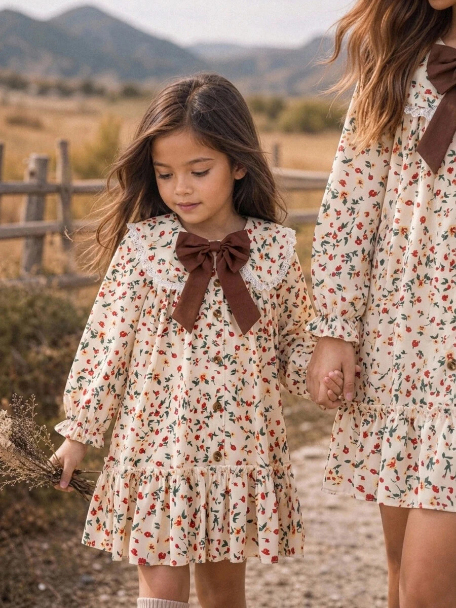 Young Girl Bow Decor Kids All-Over Print Casual Daily Summer Dress - Multicolor - View 1
