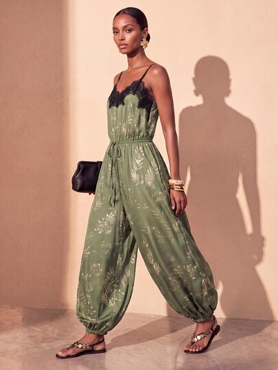 Zivah Autumn/Winter New Back To School Daily Street Wear All-Match Versatile Casual Holiday Outing Commute Elegant Party Bohemian Old Money Style Lace Trim Neckline Wide Leg Lantern Gold Print Jumpsuit
