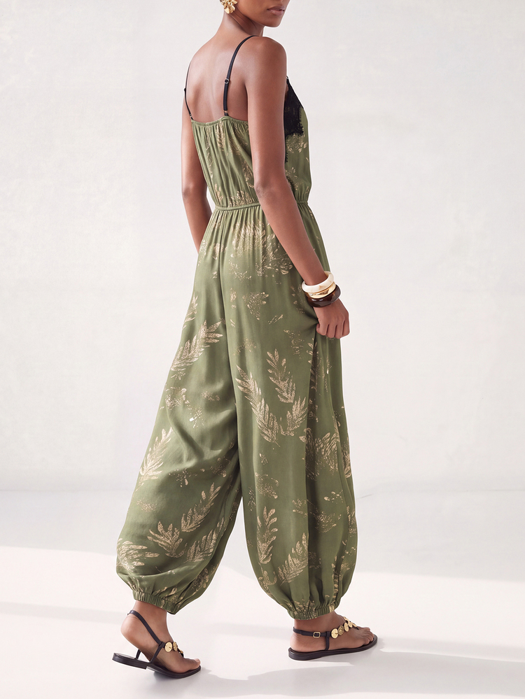 Zivah Autumn/Winter New Back To School Daily Street Wear All-Match Versatile Casual Holiday Outing Commute Elegant Party Bohemian Old Money Style Lace Trim Neckline Wide Leg Lantern Gold Print Jumpsuit - Multicolor - View 4