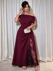 Cravure Women's Plus Size Party Date Banquet Cocktail Wedding Minimalist Elegant Cold Shoulder Lace Trim Slit Pleated Asymmetrical Neckline Solid Color Dress - Burgundy - View 4
