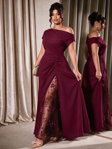 Cravure Women's Plus Size Party Date Banquet Cocktail Wedding Minimalist Elegant Cold Shoulder Lace Trim Slit Pleated Asymmetrical Neckline Solid Color Dress - Burgundy - View 5