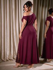 Cravure Women's Plus Size Party Date Banquet Cocktail Wedding Minimalist Elegant Cold Shoulder Lace Trim Slit Pleated Asymmetrical Neckline Solid Color Dress - Burgundy - View 2