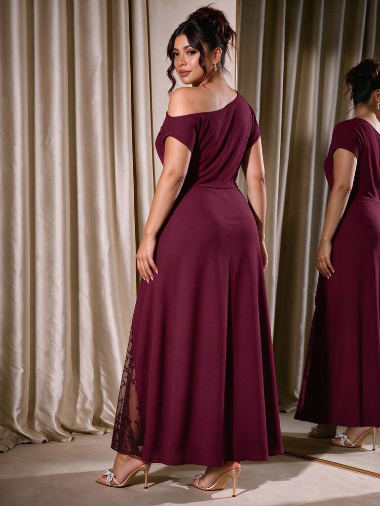 Cravure Women's Plus Size Party Date Banquet Cocktail Wedding Minimalist Elegant Cold Shoulder Lace Trim Slit Pleated Asymmetrical Neckline Solid Color Dress - Burgundy - View 2