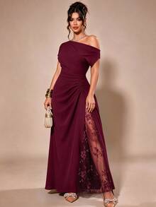 Cravure Women's Plus Size Party Date Banquet Cocktail Wedding Minimalist Elegant Cold Shoulder Lace Trim Slit Pleated Asymmetrical Neckline Solid Color Dress - Burgundy - View 3