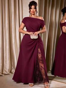 Cravure Women's Plus Size Party Date Banquet Cocktail Wedding Minimalist Elegant Cold Shoulder Lace Trim Slit Pleated Asymmetrical Neckline Solid Color Dress - Burgundy - View 1
