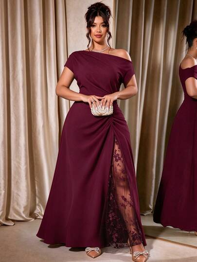 Cravure Women's Plus Size Party Date Banquet Cocktail Wedding Minimalist Elegant Cold Shoulder Lace Trim Slit Pleated Asymmetrical Neckline Solid Color Dress