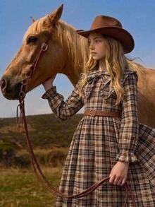 Joliand Joliand Tween Girl Tween Girls Kids Long Sleeve Plaid Cinched Waist Bow Exaggerated Collar Long Dress Autumn/Winter - Khaki - View 2