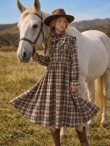Joliand Joliand Tween Girl Tween Girls Kids Long Sleeve Plaid Cinched Waist Bow Exaggerated Collar Long Dress Autumn/Winter - Khaki - View 1