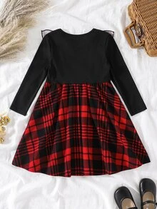 SHEIN 女童圓領長袖拼接格紋荷葉邊下擺 2 合 1 連身裙 - 彩色 - 查看 5