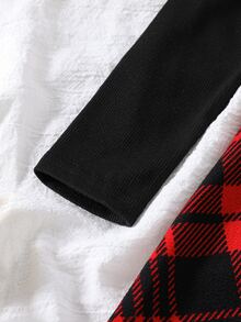 SHEIN 女童圓領長袖拼接格紋荷葉邊下擺 2 合 1 連身裙 - 彩色 - 查看 6