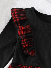 SHEIN 女童圓領長袖拼接格紋荷葉邊下擺 2 合 1 連身裙 - 彩色 - 查看 7